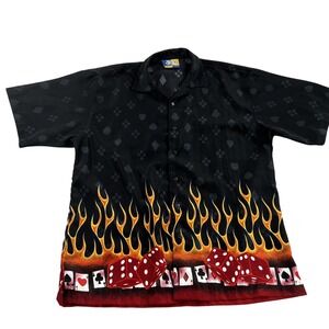 Y2k Flame Dice Playing Cards Button Down L Black Men Streetwear Casino Shirt XNT
